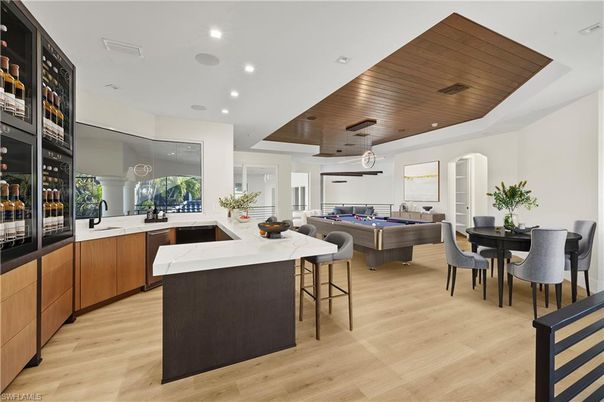 Billiard Table, Dining room, Game Room, Interior, Pendant Lights, Recessed Lighting, Wooden Ceilings, Wood Texture Flooring