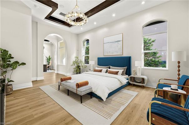 Bedroom, Interior, Pendant Lights, Recessed Lighting, Wood Texture Flooring