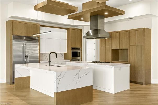 Interior, Kitchen, Pendant Lights, Recessed Lighting, Stainless Steel Appliances, Wood Texture Flooring