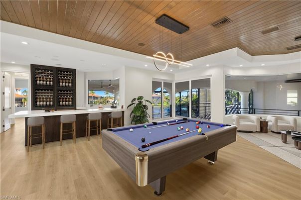 Billiard Table, Game Room, Interior, Pendant Lights, Recessed Lighting, Wooden Ceilings, Wood Texture Flooring