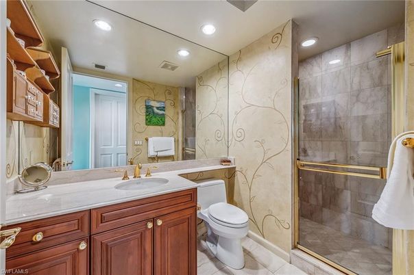 Bathroom, Glass Shower, Interior, Marble Walls, Recessed Lighting
