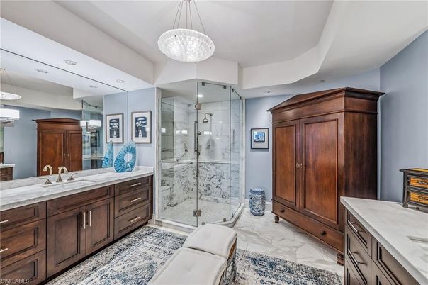 Bathroom, Glass Shower, Interior, Marble, Marble Walls, Pendant Lights, Recessed Lighting
