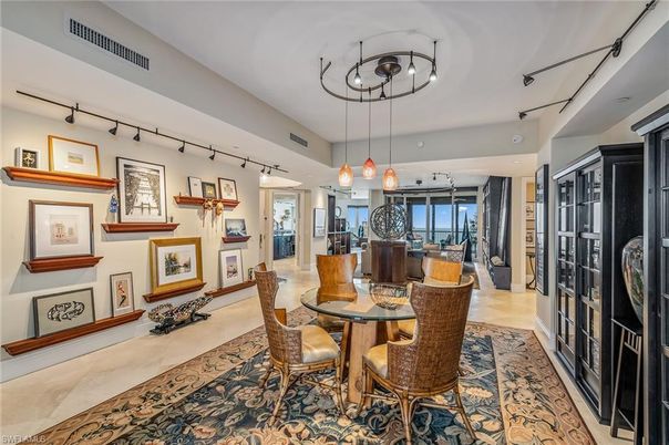 Dining room, Fireplace, Interior, Pendant Lights