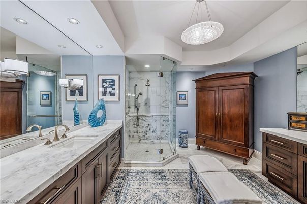 Bathroom, Glass Shower, Interior, Marble, Marble Walls, Pendant Lights, Recessed Lighting