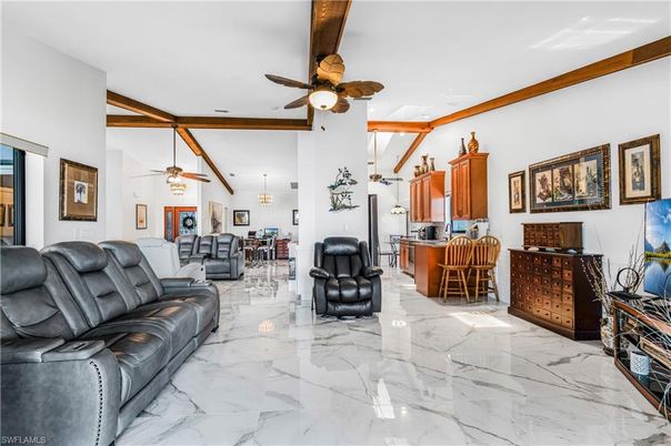 Dining room, Interior, Kitchen, Living room, Marble, Pendant Lights, Wooden Beams