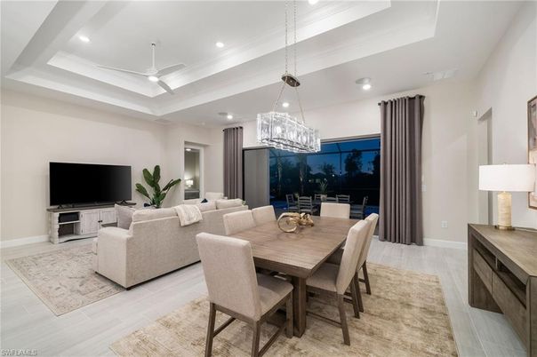 Chandelier, Dining room, Interior, Living room, Pendant Lights, Recessed Lighting, Wood Texture Flooring