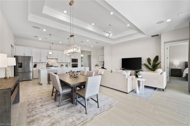 Dining room, Interior, Kitchen, Living room, Pendant Lights, Recessed Lighting, Stainless Steel Appliances, Wood Texture Flooring