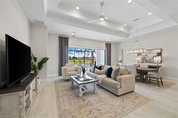 Chandelier, Dining room, Interior, Living room, Pendant Lights, Recessed Lighting, Wood Texture Flooring