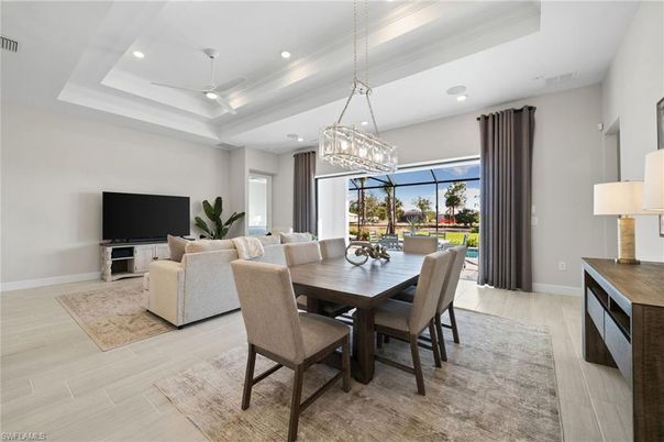 Chandelier, Dining room, Interior, Living room, Recessed Lighting, Wood Texture Flooring