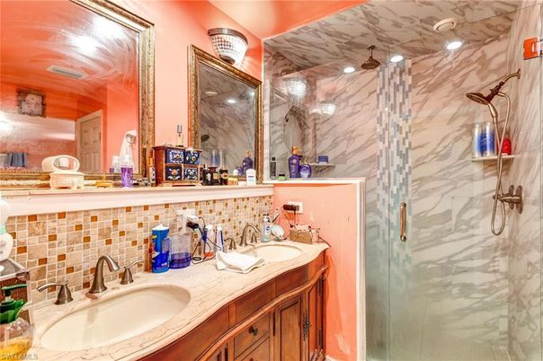 Bathroom, Dual Sink Vanities, Glass Shower, Interior, Marble Walls