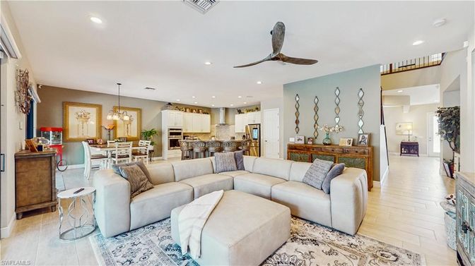 Dining room, Interior, Kitchen, Living room, Pendant Lights, Recessed Lighting, Stainless Steel Appliances, Wood Texture Flooring
