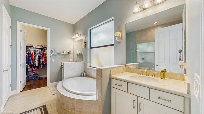 Bathroom, Dual Sink Vanities, Interior, Walk-in Closets, Wood Texture Flooring