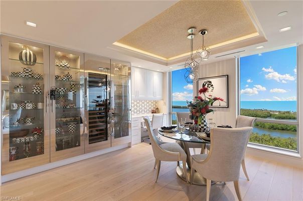 Dining room, Interior, Pendant Lights, Recessed Lighting, Water, Wine Storage, Wood Texture Flooring
