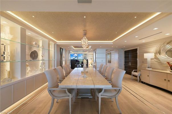 Chandelier, Dining room, Interior, Pendant Lights, Recessed Lighting, Wood Texture Flooring