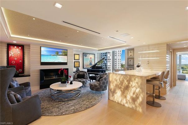 Fireplace, Interior, Living room, Piano, Recessed Lighting, Wood Texture Flooring