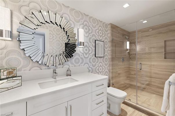 Bathroom, Glass Shower, Interior, Recessed Lighting, Wood Texture Flooring