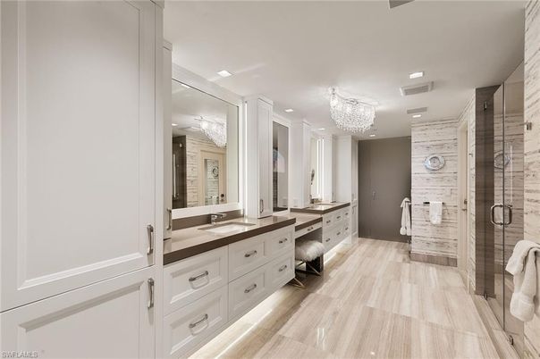 Bathroom, Chandelier, Dual Sink Vanities, Glass Shower, Interior, Recessed Lighting