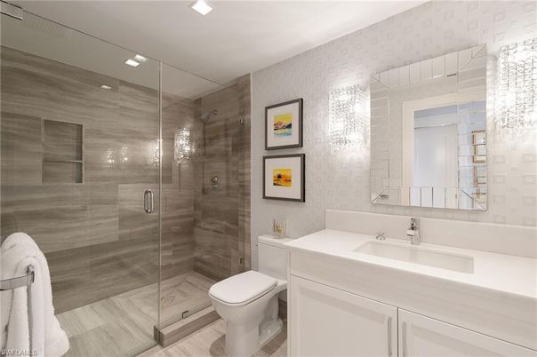 Bathroom, Glass Shower, Interior, Wood Texture Flooring