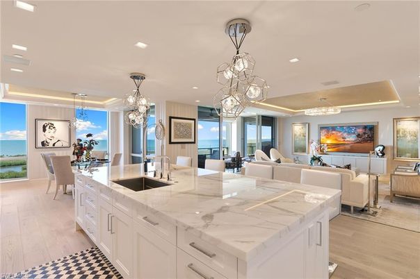 Chandelier, Dining room, Interior, Kitchen, Living room, Pendant Lights, Recessed Lighting, Water, Wood Texture Flooring