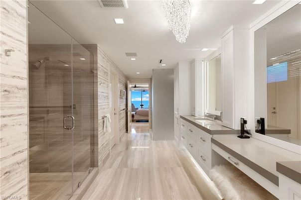Bathroom, Chandelier, Glass Shower, Interior, Recessed Lighting, Wood Texture Flooring