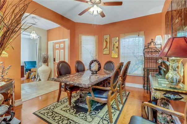 Dining room, Interior, Pendant Lights, Wood Texture Flooring
