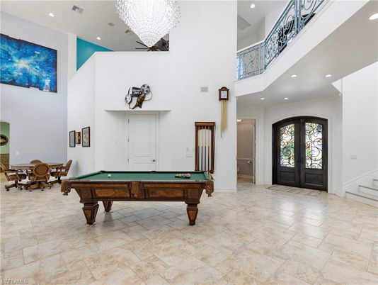 Billiard Table, Chandelier, Game Room, Interior, Recessed Lighting