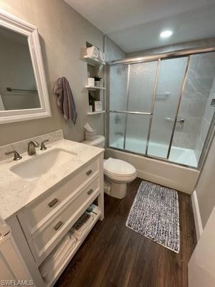 Bathroom, Glass Shower, Interior, Recessed Lighting, Wood Texture Flooring