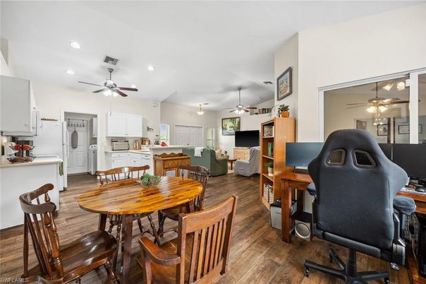 Dining room, Interior, Kitchen, Living room, Recessed Lighting, Wood Texture Flooring