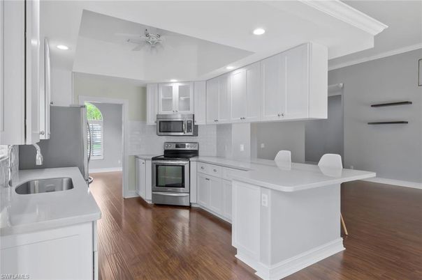 Interior, Kitchen, Recessed Lighting, Stainless Steel Appliances, Wood Texture Flooring