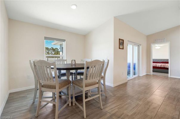 Dining room, Interior, Recessed Lighting, Wood Texture Flooring