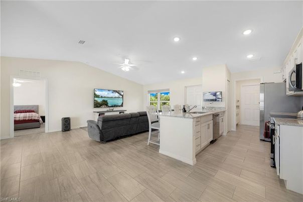 Interior, Kitchen, Living room, Recessed Lighting, Wood Texture Flooring