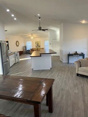 Dining room, Interior, Kitchen, Recessed Lighting, Wood Texture Flooring