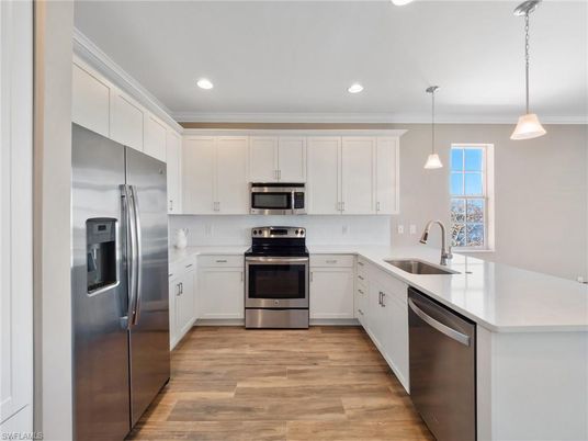 Interior, Kitchen, Pendant Lights, Recessed Lighting, Stainless Steel Appliances, Wood Texture Flooring