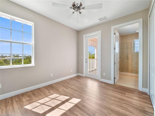 Bathroom, Empty room, Glass Shower, Interior, Recessed Lighting, Wood Texture Flooring