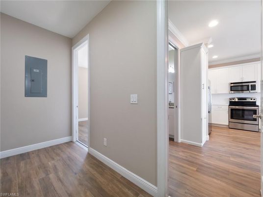 Interior, Kitchen, Recessed Lighting, Stainless Steel Appliances, Wood Texture Flooring