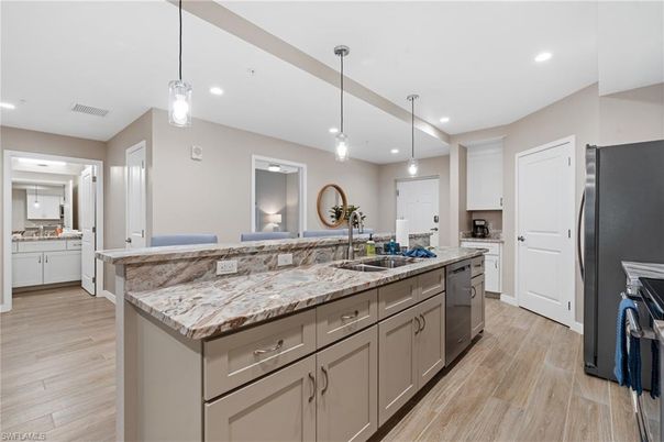 Interior, Kitchen, Pendant Lights, Recessed Lighting, Wood Texture Flooring