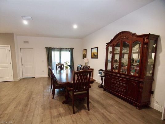 Dining room, Interior, Recessed Lighting, Wood Texture Flooring