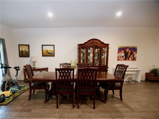 Dining room, Interior, Recessed Lighting, Wood Texture Flooring