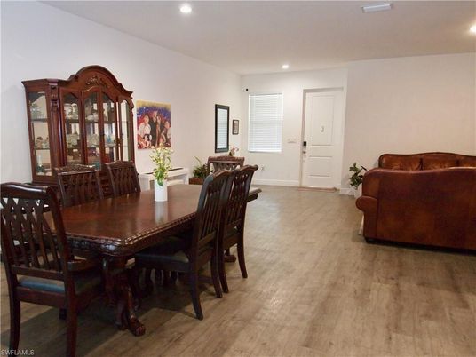 Dining room, Interior, Recessed Lighting, Wood Texture Flooring