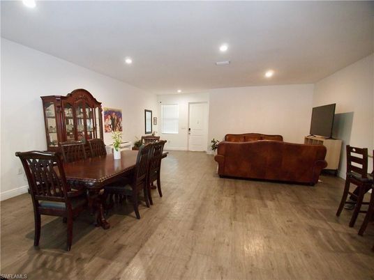 Dining room, Interior, Living room, Recessed Lighting, Wood Texture Flooring