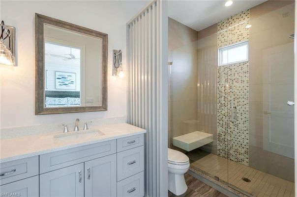 Bathroom, Glass Shower, Interior, Recessed Lighting, Wood Texture Flooring