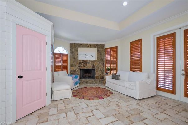 Fireplace, Interior, Living room, Recessed Lighting, Stone Walls