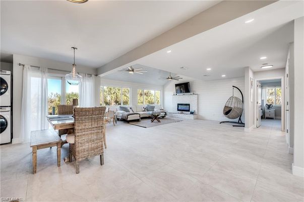 Dining room, Fireplace, Interior, Living room, Pendant Lights, Recessed Lighting