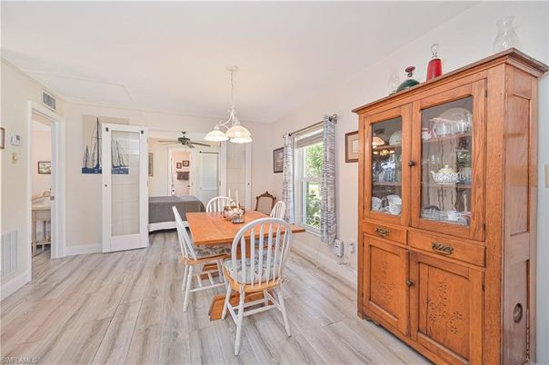 Dining room, Interior, Pendant Lights, Wood Texture Flooring