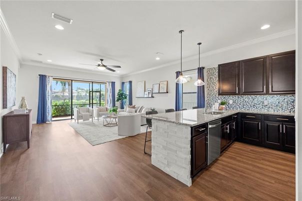 Interior, Kitchen, Living room, Pendant Lights, Recessed Lighting, Wood Texture Flooring