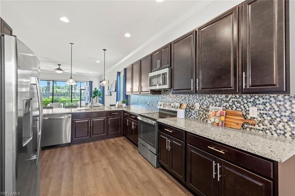 Interior, Kitchen, Pendant Lights, Recessed Lighting, Stainless Steel Appliances, Wood Texture Flooring