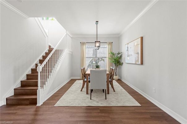 Dining room, Interior, Pendant Lights, Wood Texture Flooring