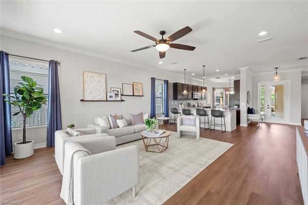 Interior, Kitchen, Living room, Pendant Lights, Recessed Lighting, Wood Texture Flooring