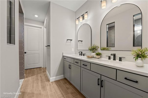 Bathroom, Dual Sink Vanities, Interior, Recessed Lighting, Wood Texture Flooring