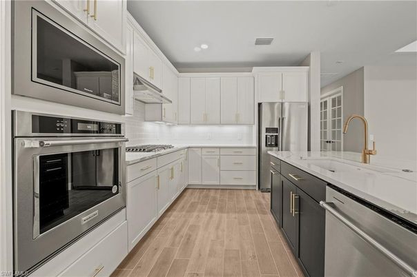 Interior, Kitchen, Recessed Lighting, Stainless Steel Appliances, Wood Texture Flooring